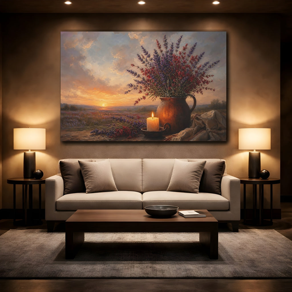 Mockup 2. Nature Lavender Flowers Lavender Sunset shown as stretched canvas wall art