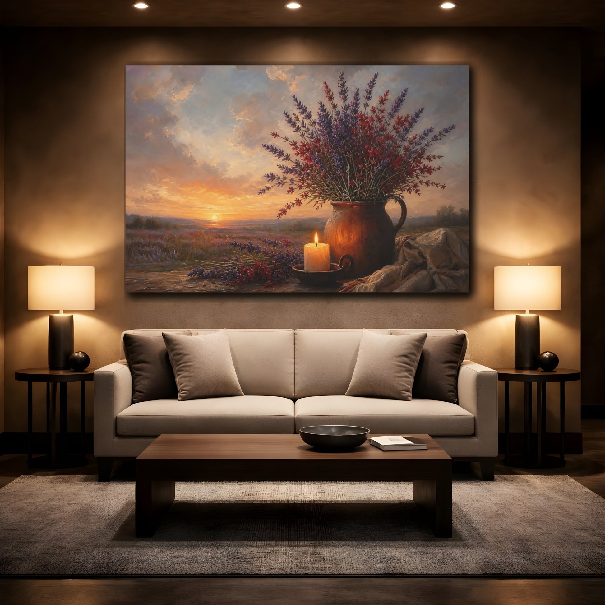 Mockup 2. Nature Lavender Flowers Lavender Sunset shown as stretched canvas wall art