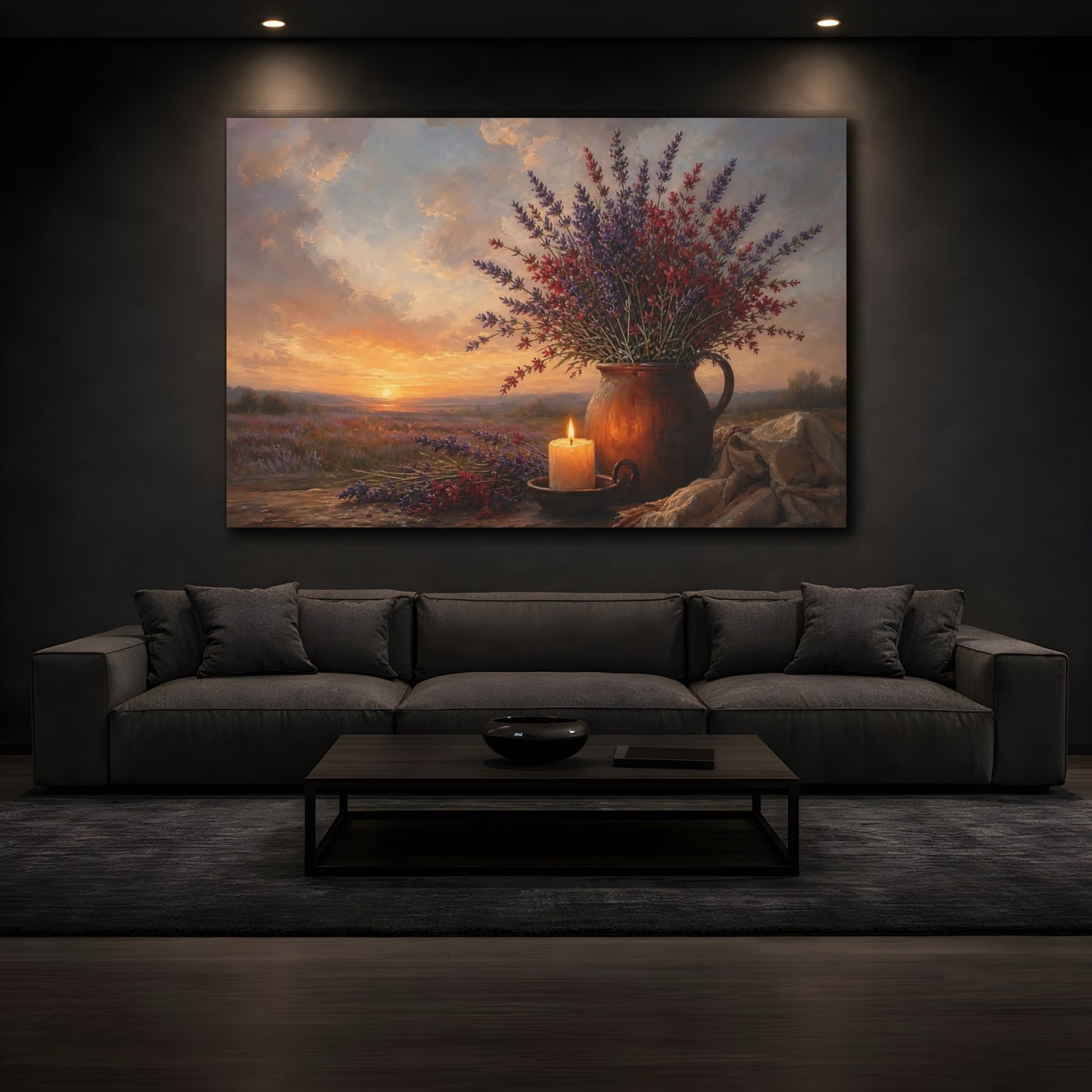 Mockup 3. Nature Lavender Flowers Lavender Sunset shown as stretched canvas wall art