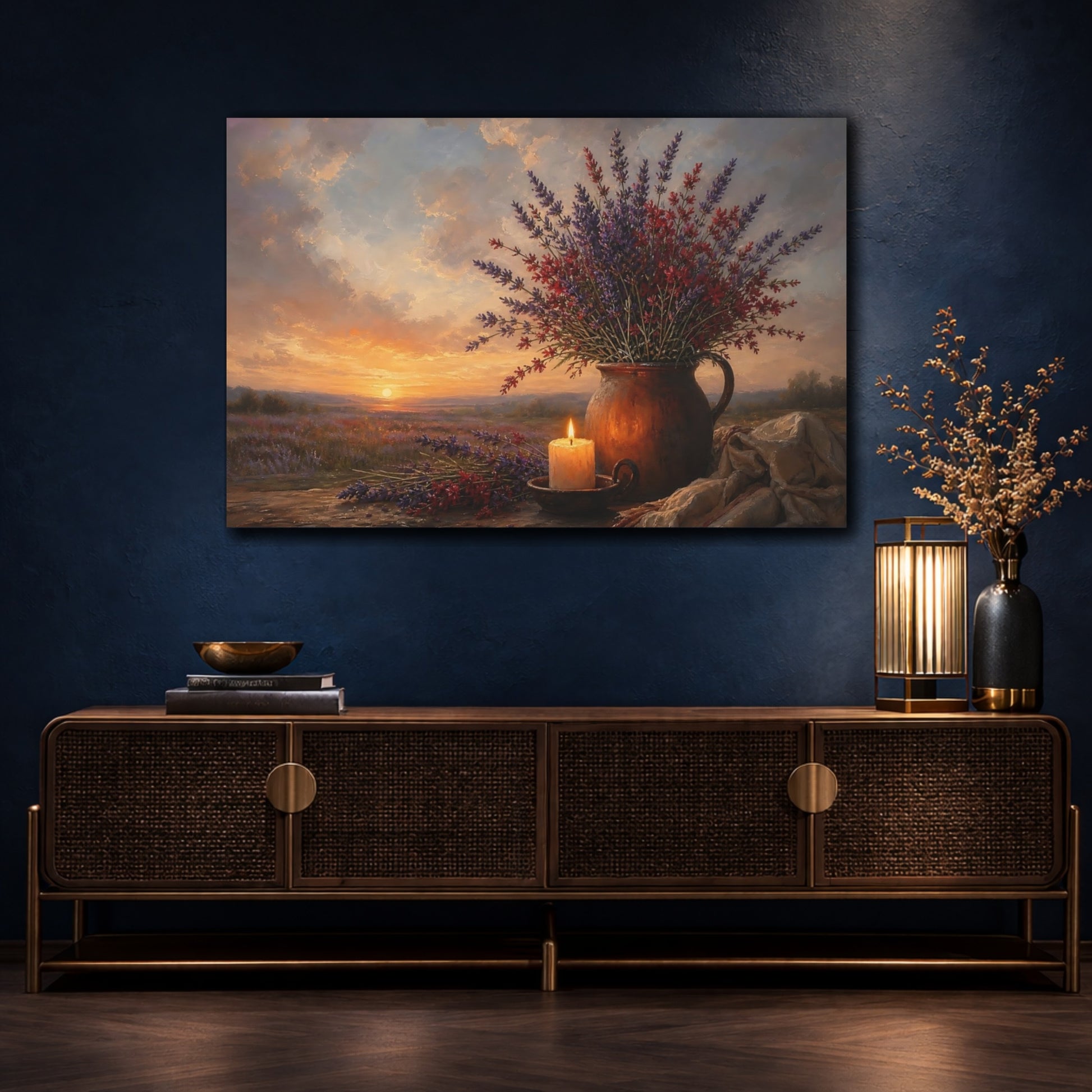Mockup 4. Nature Lavender Flowers Lavender Sunset shown as stretched canvas wall art