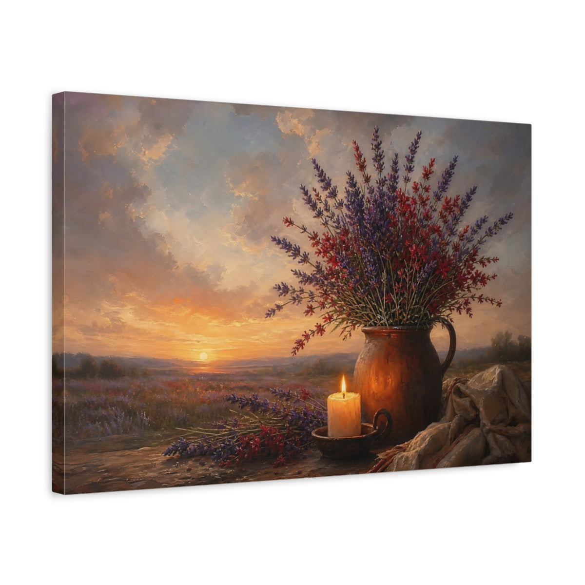 Side Mockup 3. Nature Lavender Flowers Lavender Sunset shown as stretched canvas wall art