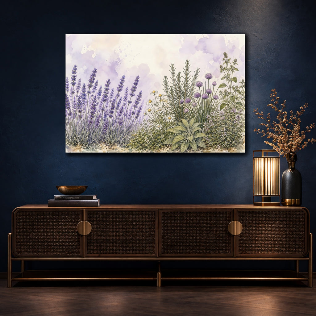 Mockup 4. Nature Lavender Garden Purple Lavender Garden shown as stretched canvas wall art