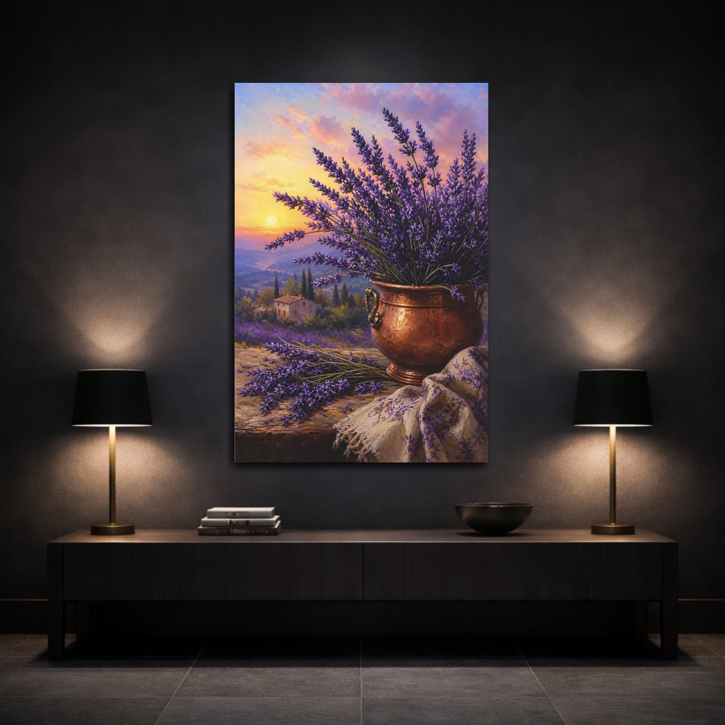Mockup 3. Nature Lavender Purple Lavender Sunset shown as stretched canvas wall art