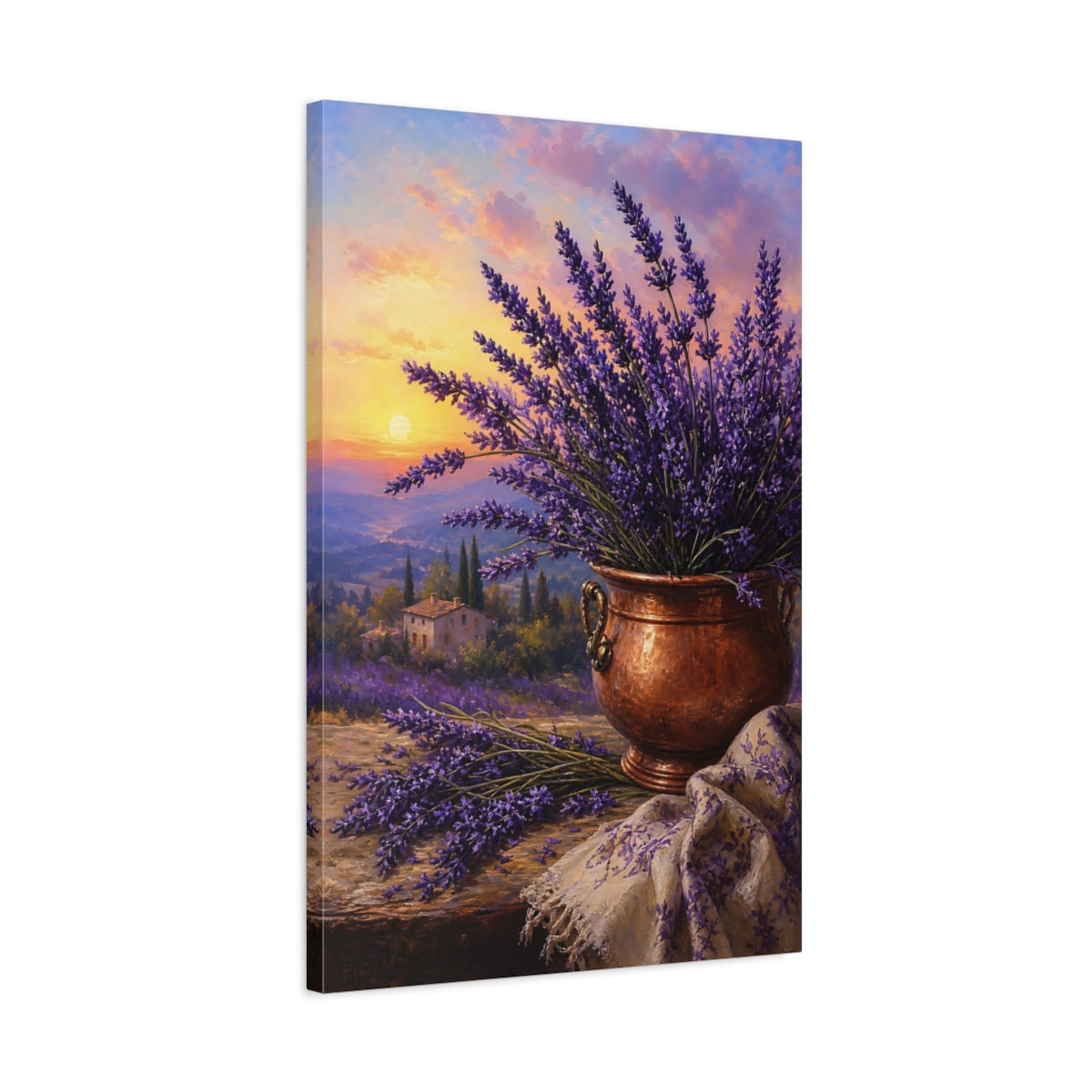Side Mockup 2. Nature Lavender Purple Lavender Sunset shown as stretched canvas wall art