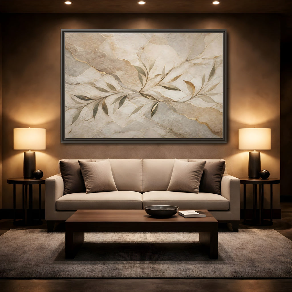 Mockup 2. Nature Leaf Branches Neutral Gold Abstract shown as stretched canvas wall art