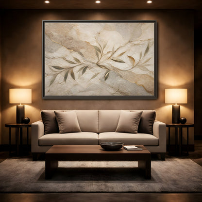 Mockup 2. Nature Leaf Branches Neutral Gold Abstract shown as stretched canvas wall art