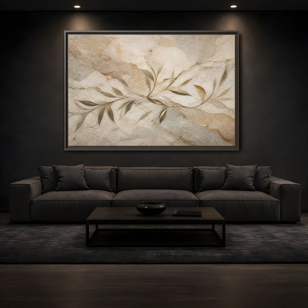 Mockup 3. Nature Leaf Branches Neutral Gold Abstract shown as stretched canvas wall art