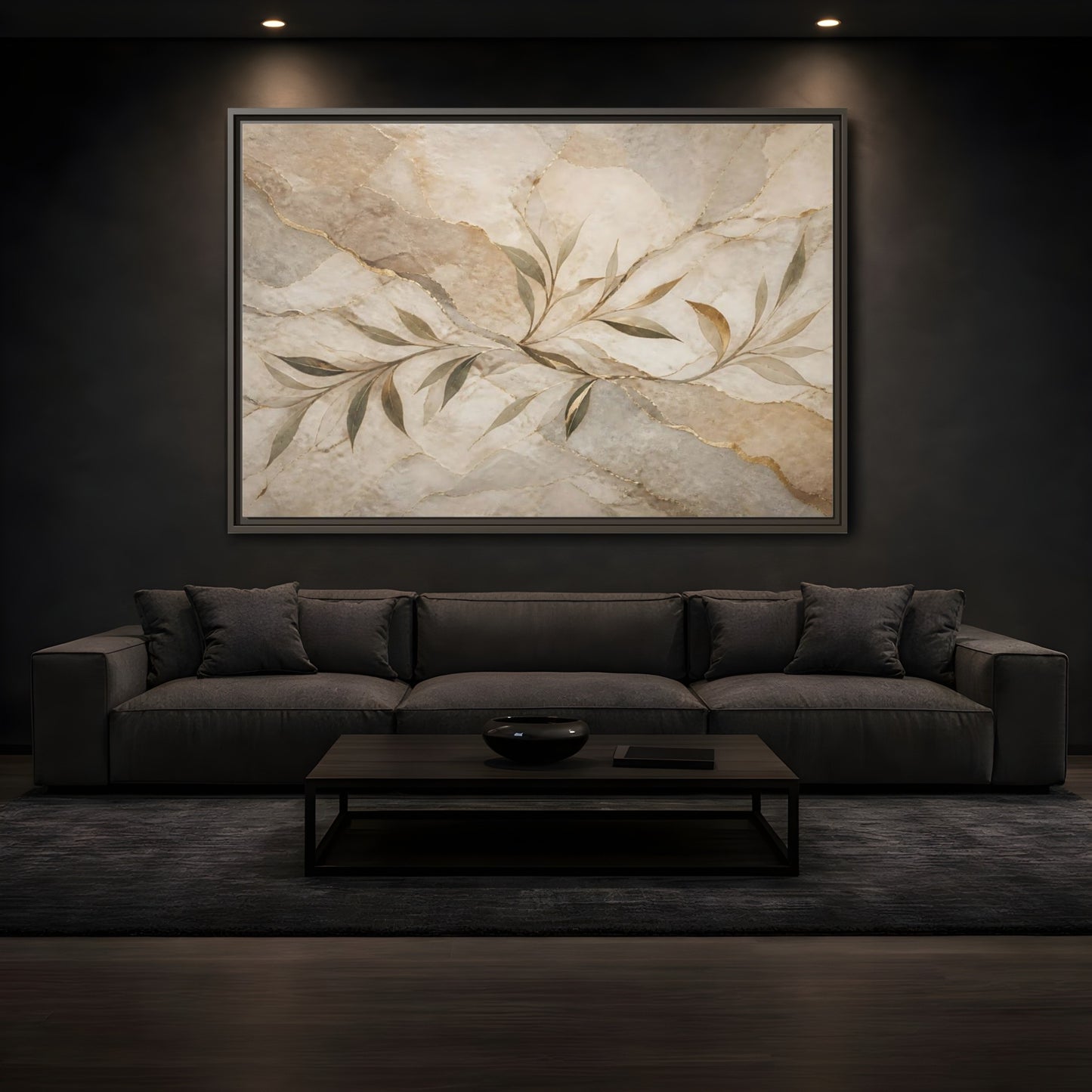 Mockup 3. Nature Leaf Branches Neutral Gold Abstract shown as stretched canvas wall art