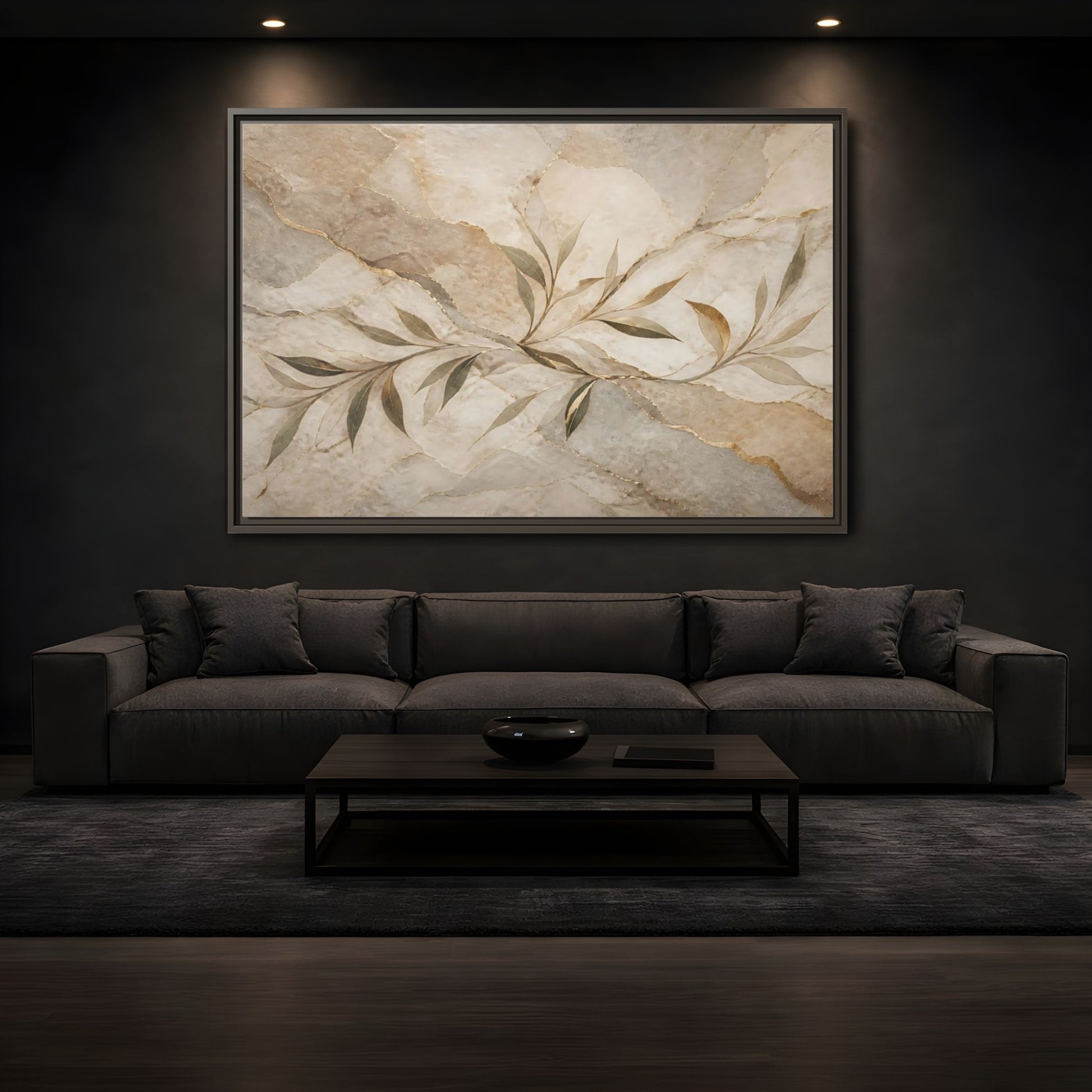 Mockup 3. Nature Leaf Branches Neutral Gold Abstract shown as stretched canvas wall art