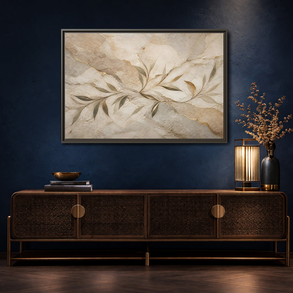 Mockup 4. Nature Leaf Branches Neutral Gold Abstract shown as stretched canvas wall art