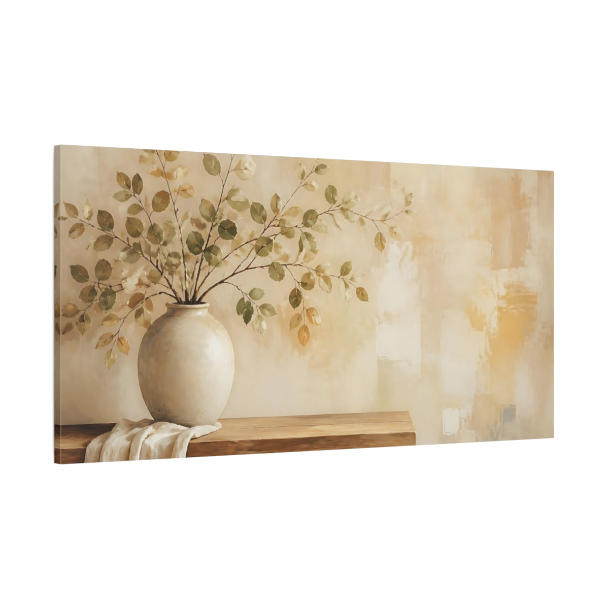 Side Mockup 2. Nature Leafy Branches Green And Beige shown as canvas print