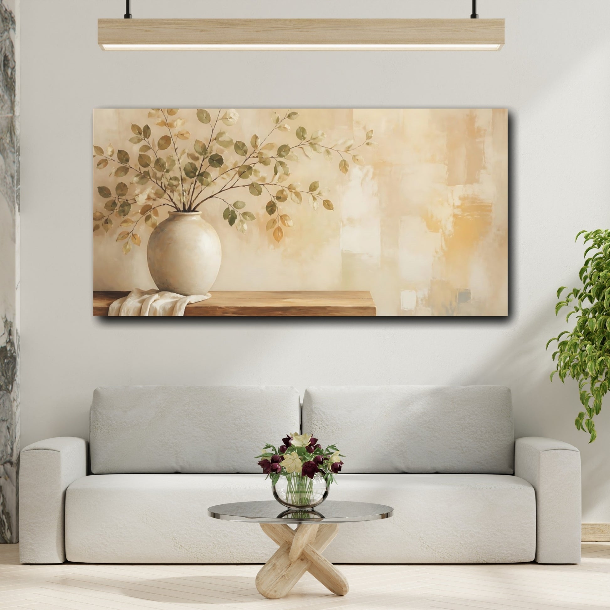 Mockup 2. Nature Leafy Branches Green And Beige shown as canvas print