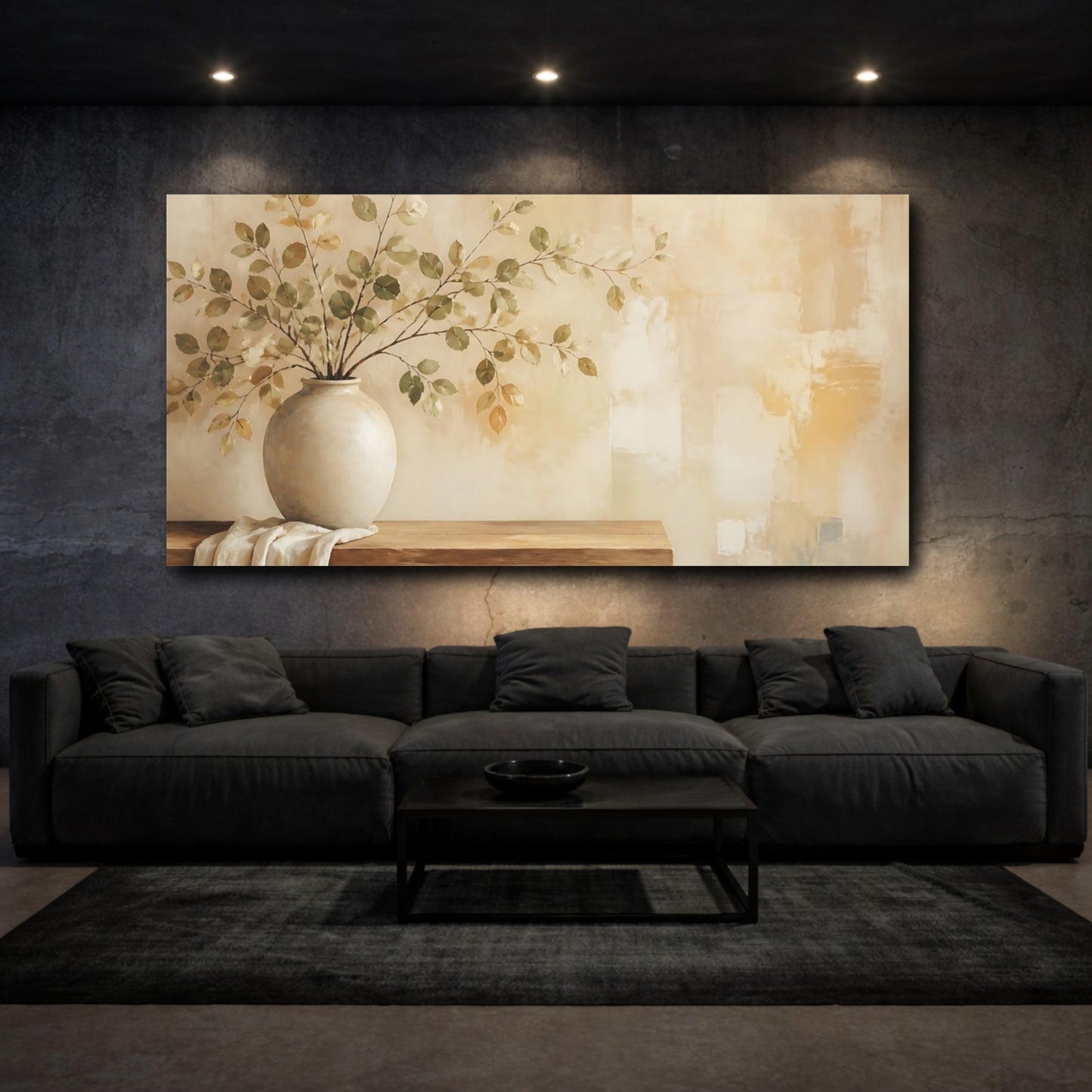Mockup 3. Nature Leafy Branches Green And Beige shown as canvas print