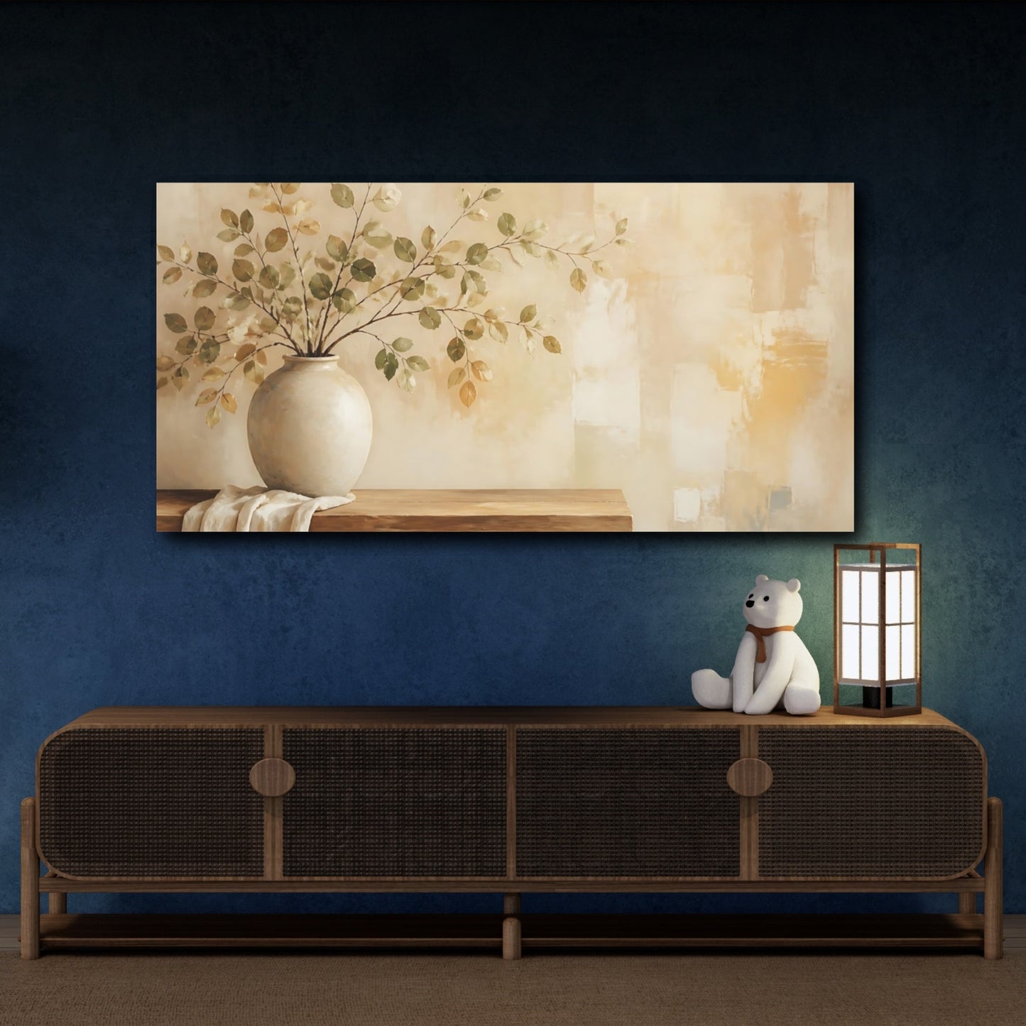 Mockup 4. Nature Leafy Branches Green And Beige shown as canvas print