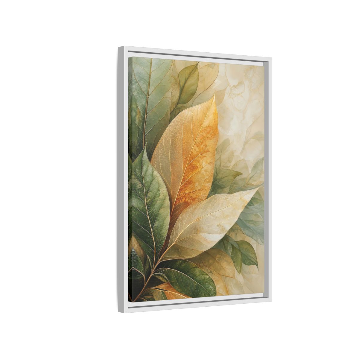 Side Mockup 1. Nature Leaves Green Gold Leaves shown as stretched canvas wall art