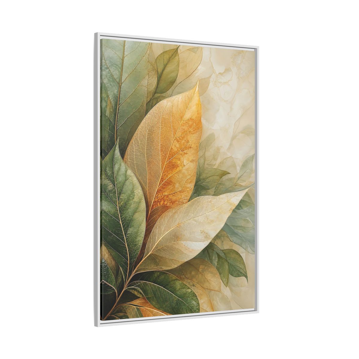 Side Mockup 7. Nature Leaves Green Gold Leaves shown as stretched canvas wall art