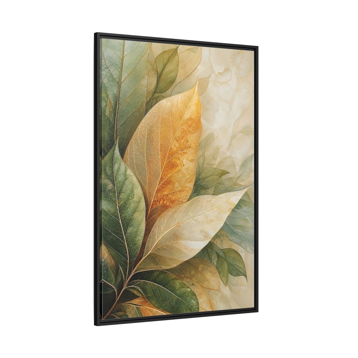 Side Mockup 12. Nature Leaves Green Gold Leaves shown as stretched canvas wall art