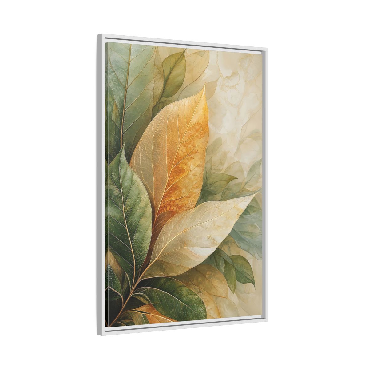 Side Mockup 9. Nature Leaves Green Gold Leaves shown as stretched canvas wall art