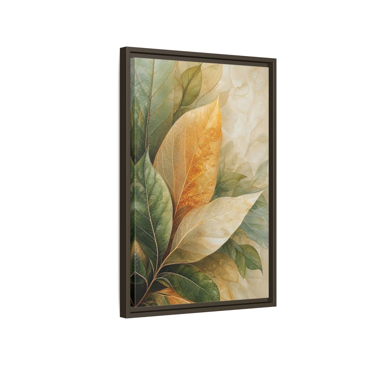 Side Mockup 2. Nature Leaves Green Gold Leaves shown as stretched canvas wall art