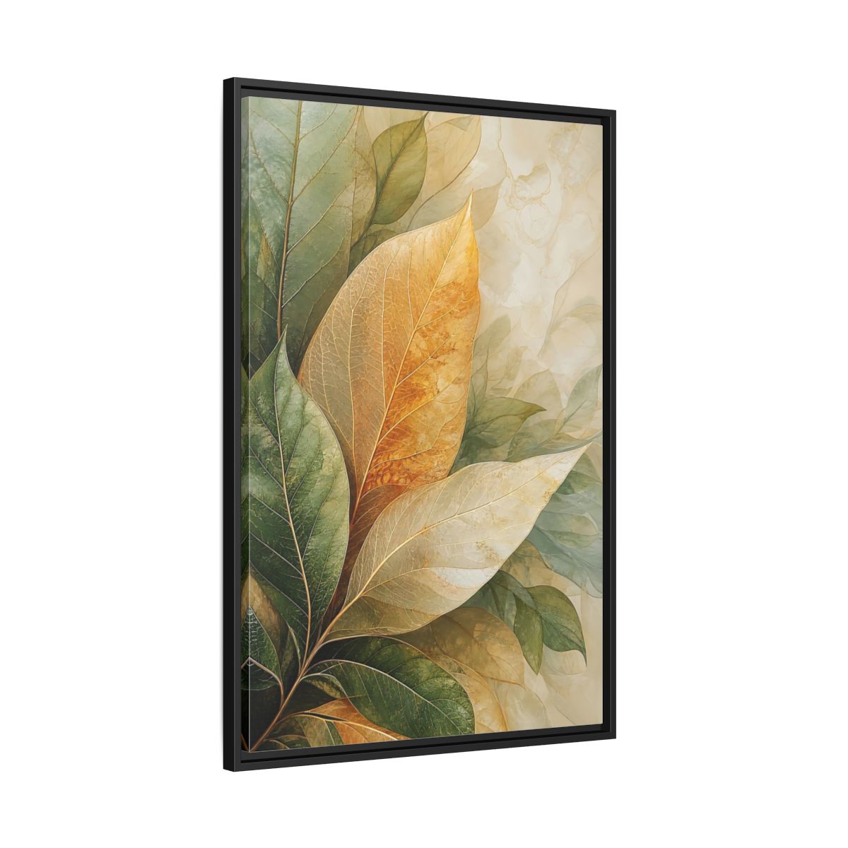 Side Mockup 13. Nature Leaves Green Gold Leaves shown as stretched canvas wall art