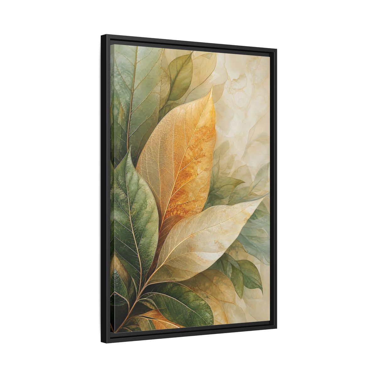 Side Mockup 14. Nature Leaves Green Gold Leaves shown as stretched canvas wall art