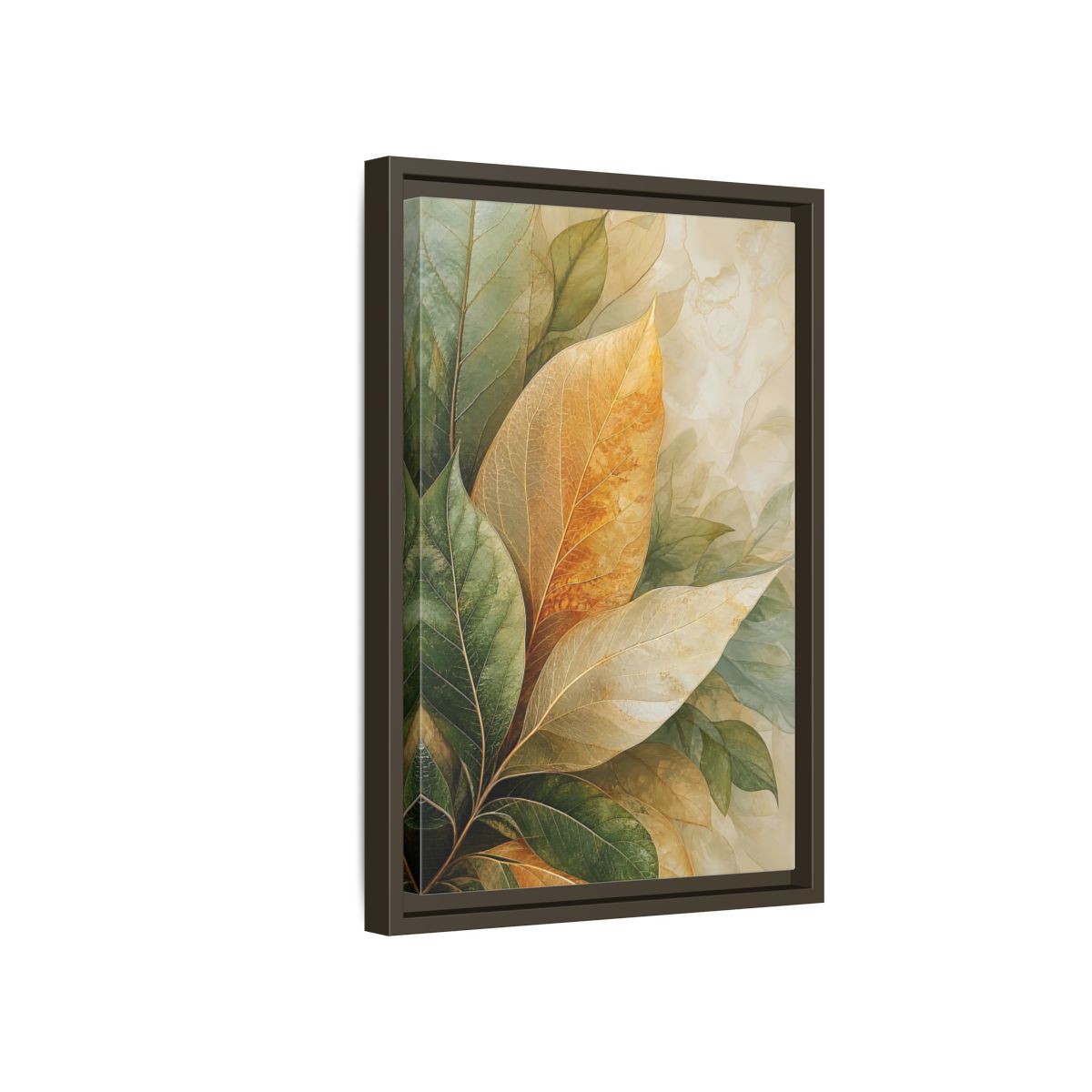 Side Mockup 5. Nature Leaves Green Gold Leaves shown as stretched canvas wall art