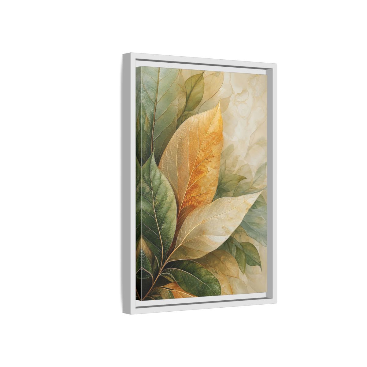 Side Mockup 4. Nature Leaves Green Gold Leaves shown as stretched canvas wall art