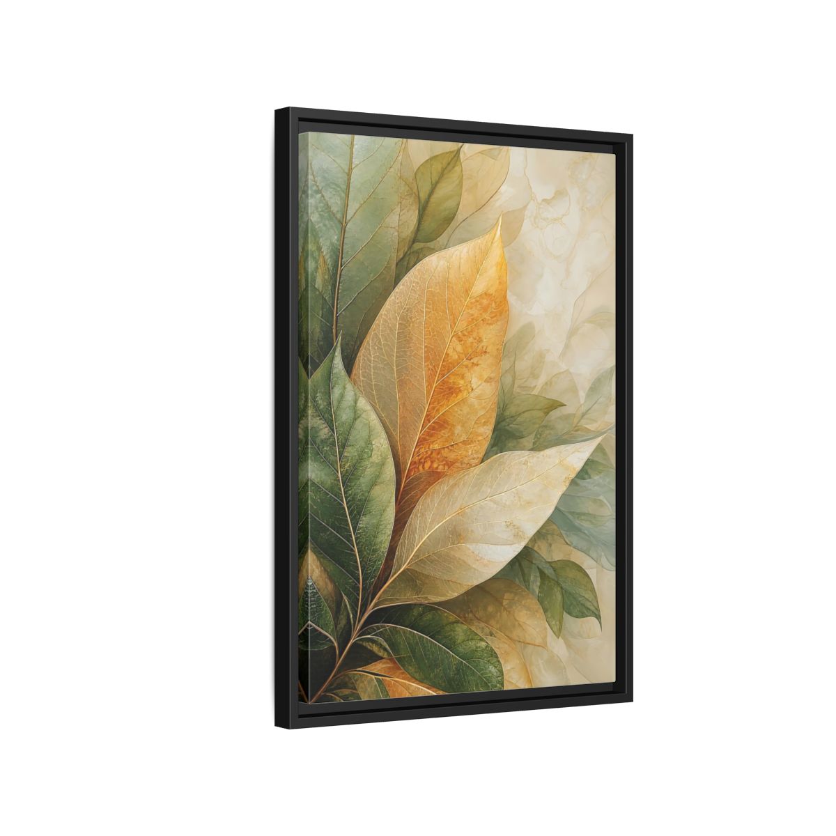 Side Mockup 3. Nature Leaves Green Gold Leaves shown as stretched canvas wall art