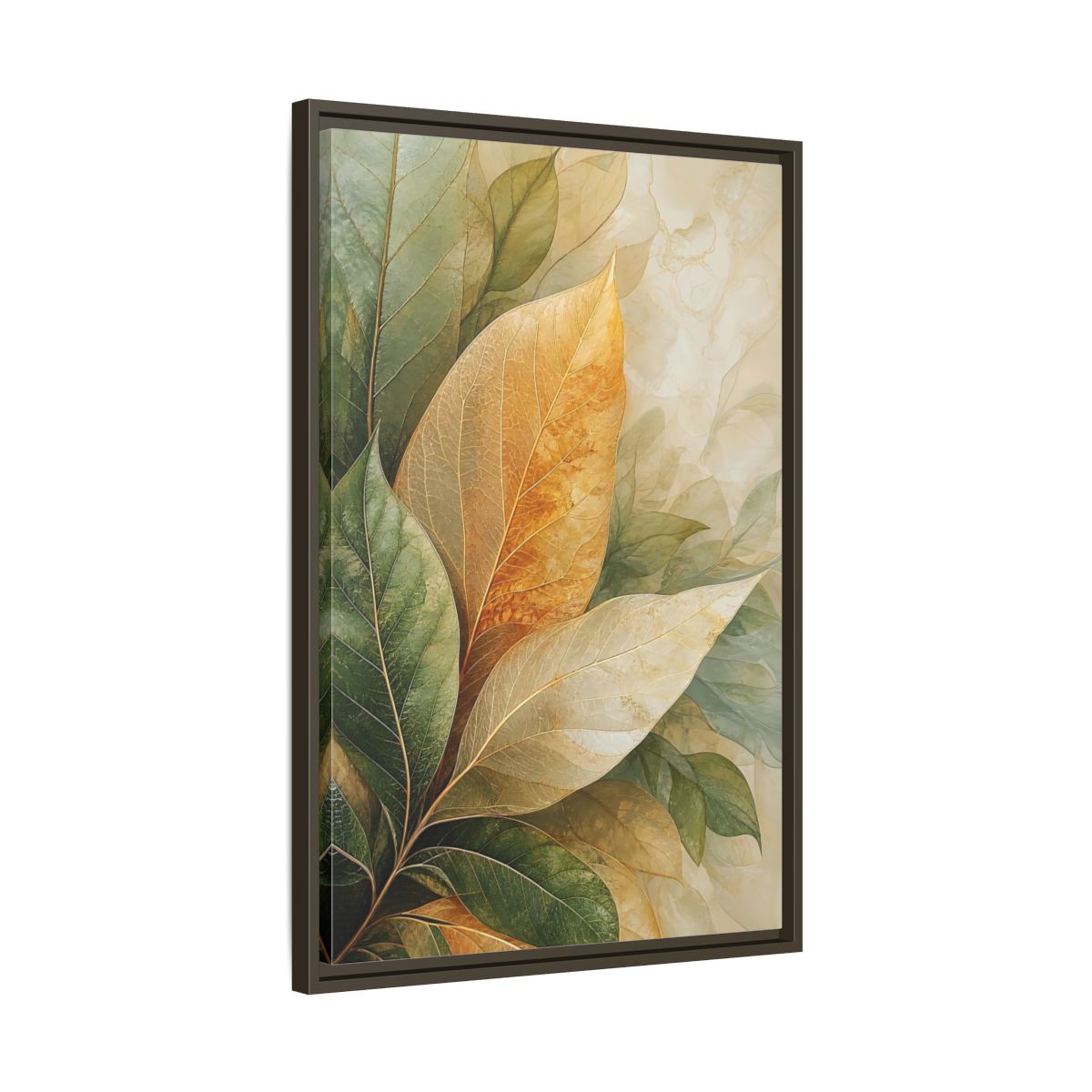 Side Mockup 11. Nature Leaves Green Gold Leaves shown as stretched canvas wall art