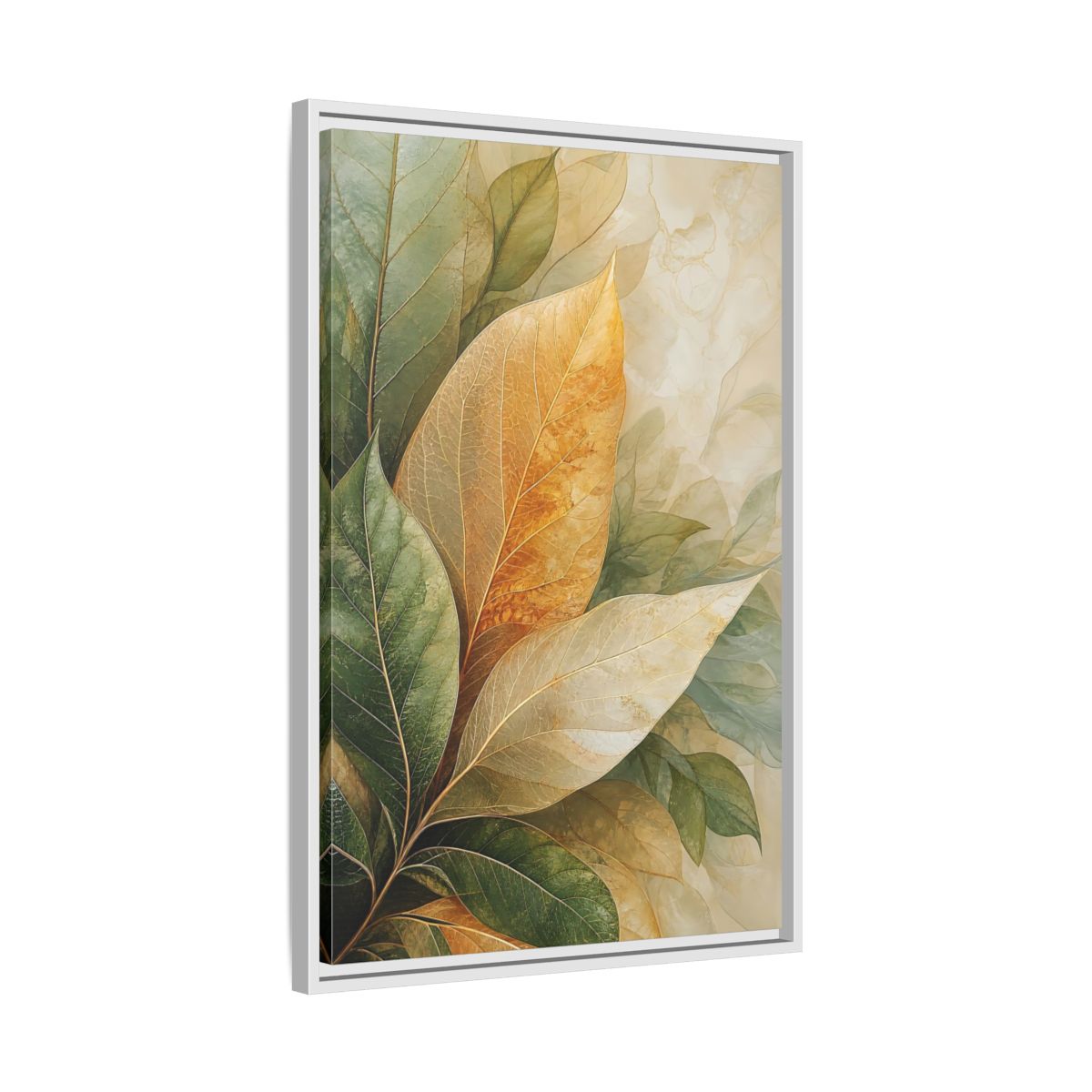 Side Mockup 10. Nature Leaves Green Gold Leaves shown as stretched canvas wall art