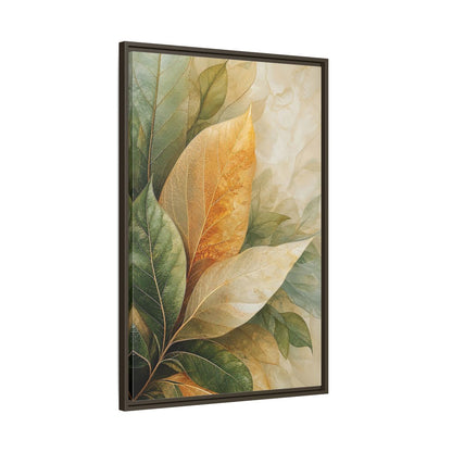 Main Mockup. Nature Leaves Green Gold Leaves shown as stretched canvas wall art