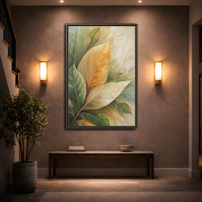 Mockup 2. Nature Leaves Green Gold Leaves shown as stretched canvas wall art