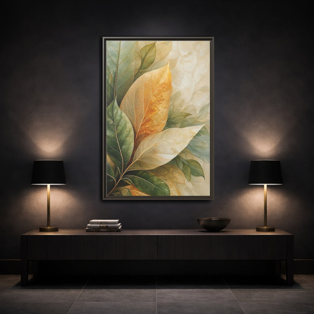 Mockup 3. Nature Leaves Green Gold Leaves shown as stretched canvas wall art
