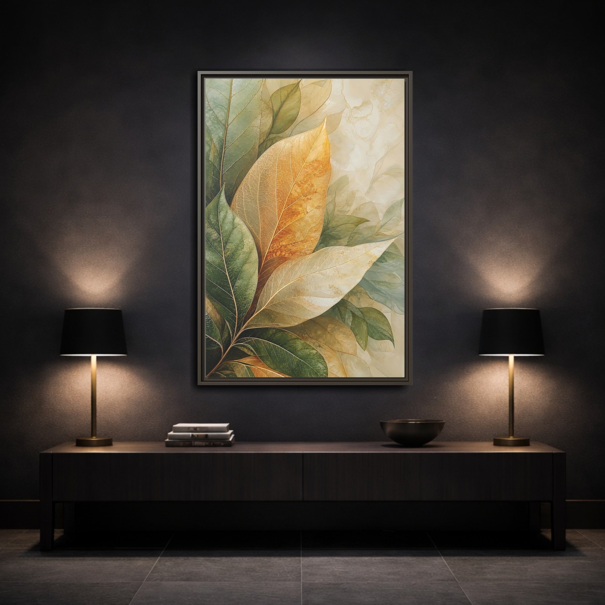 Mockup 3. Nature Leaves Green Gold Leaves shown as stretched canvas wall art