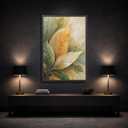 Mockup 3. Nature Leaves Green Gold Leaves shown as stretched canvas wall art