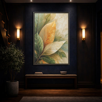 Mockup 4. Nature Leaves Green Gold Leaves shown as stretched canvas wall art