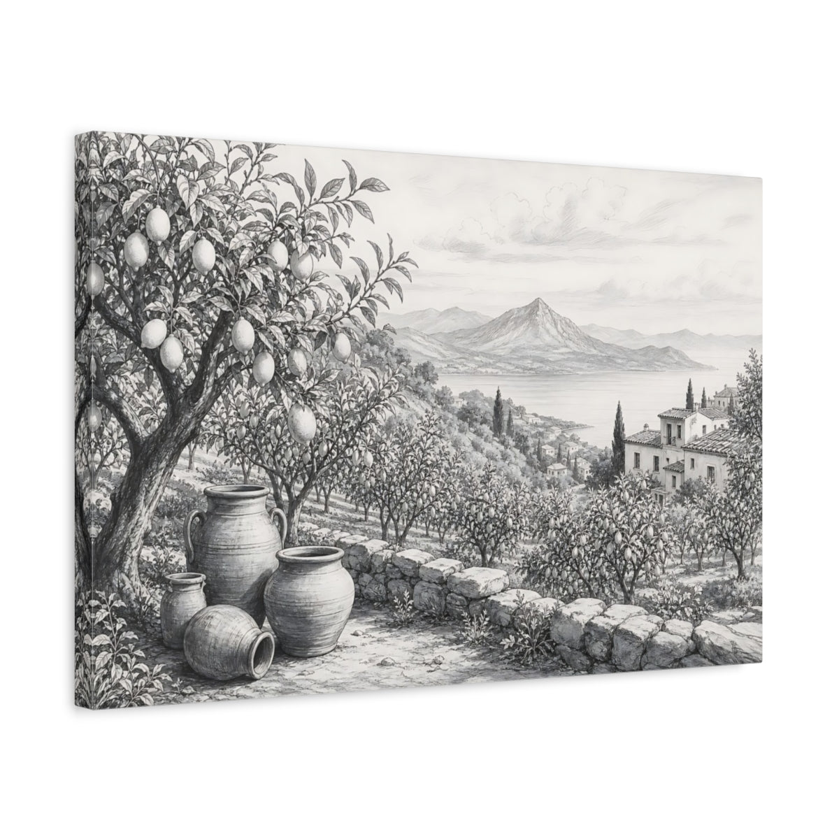 Side Mockup 3. Nature Lemon Grove Monochrome Landscape shown as stretched canvas wall art