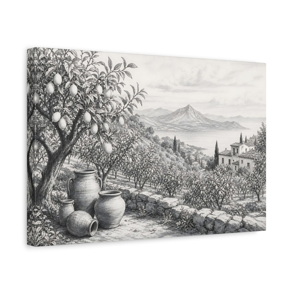 Side Mockup 4. Nature Lemon Grove Monochrome Landscape shown as stretched canvas wall art