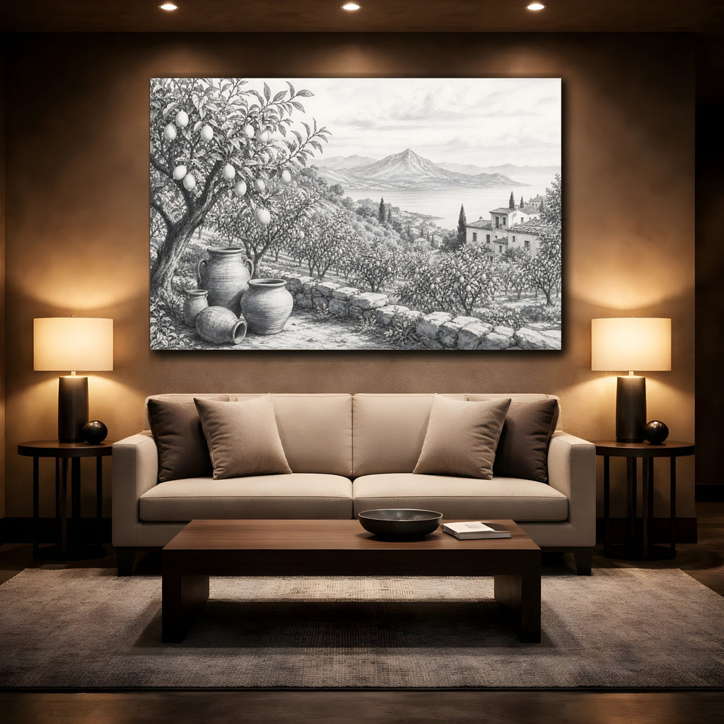 Mockup 2. Nature Lemon Grove Monochrome Landscape shown as stretched canvas wall art