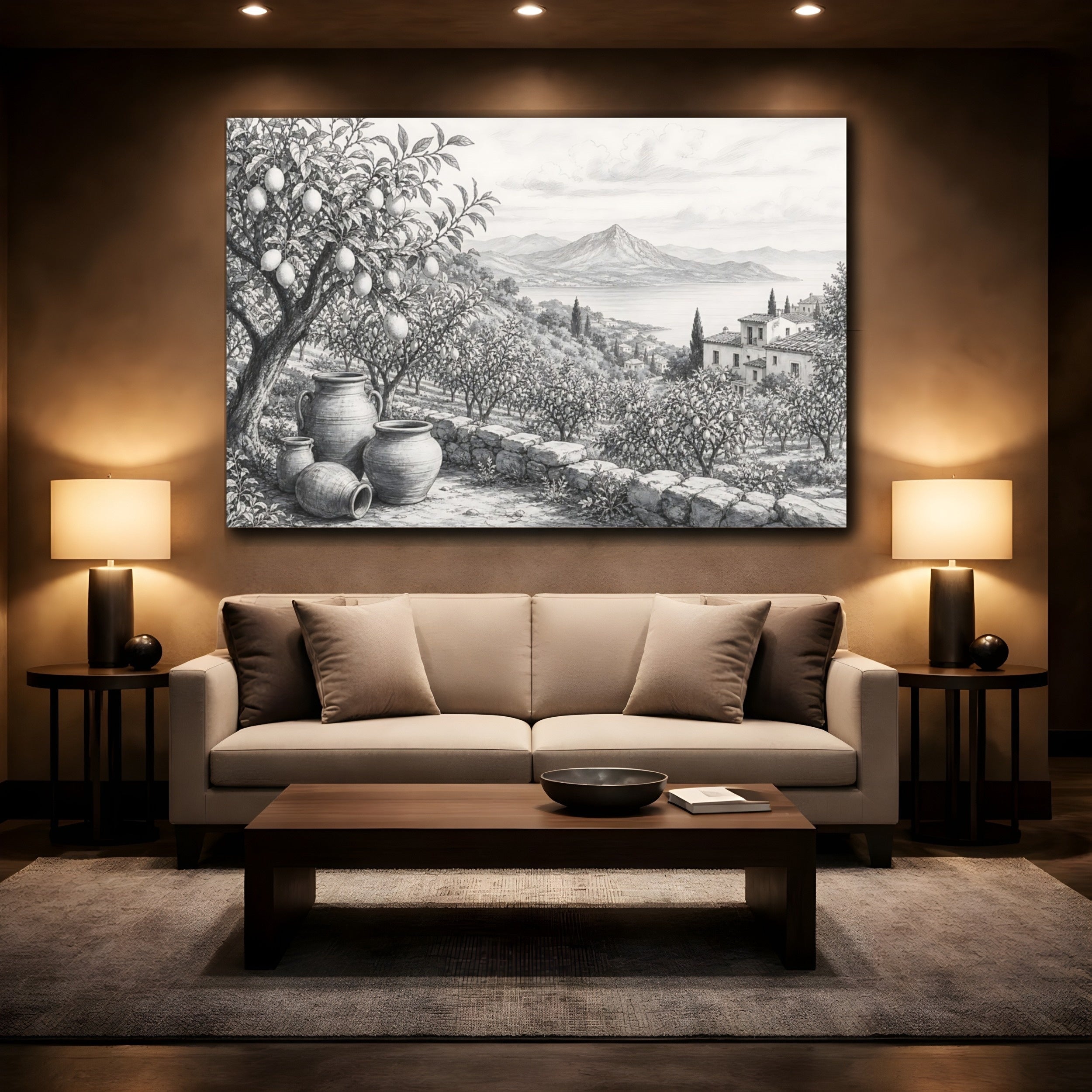 Mockup 2. Nature Lemon Grove Monochrome Landscape shown as stretched canvas wall art