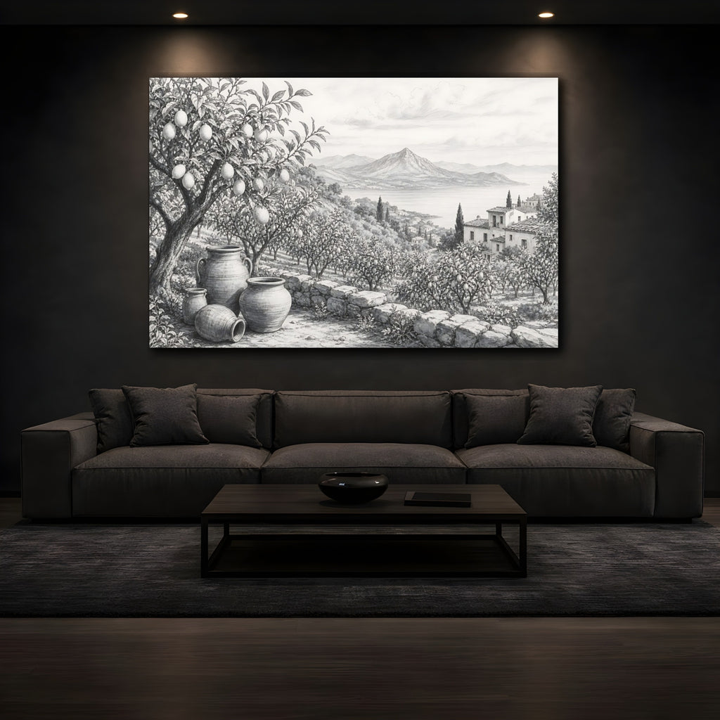 Mockup 3. Nature Lemon Grove Monochrome Landscape shown as stretched canvas wall art