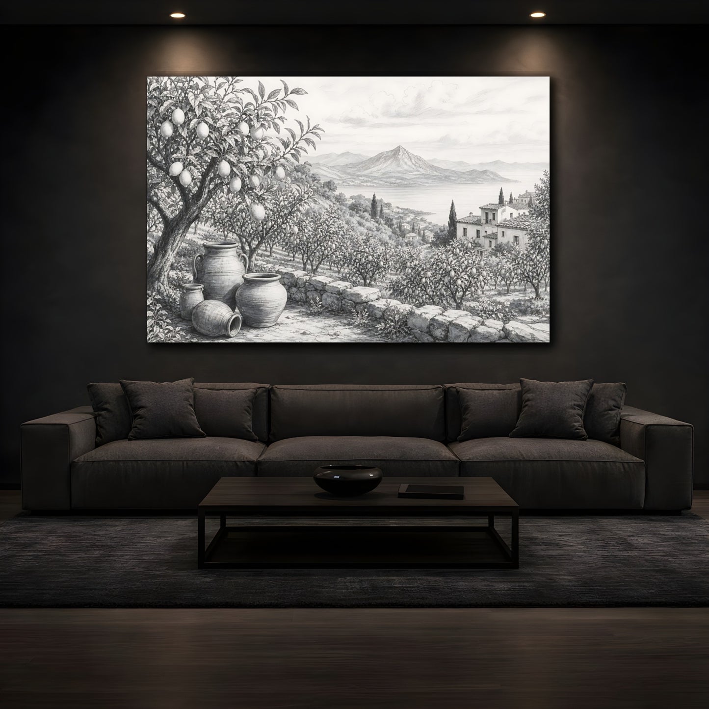 Mockup 3. Nature Lemon Grove Monochrome Landscape shown as stretched canvas wall art