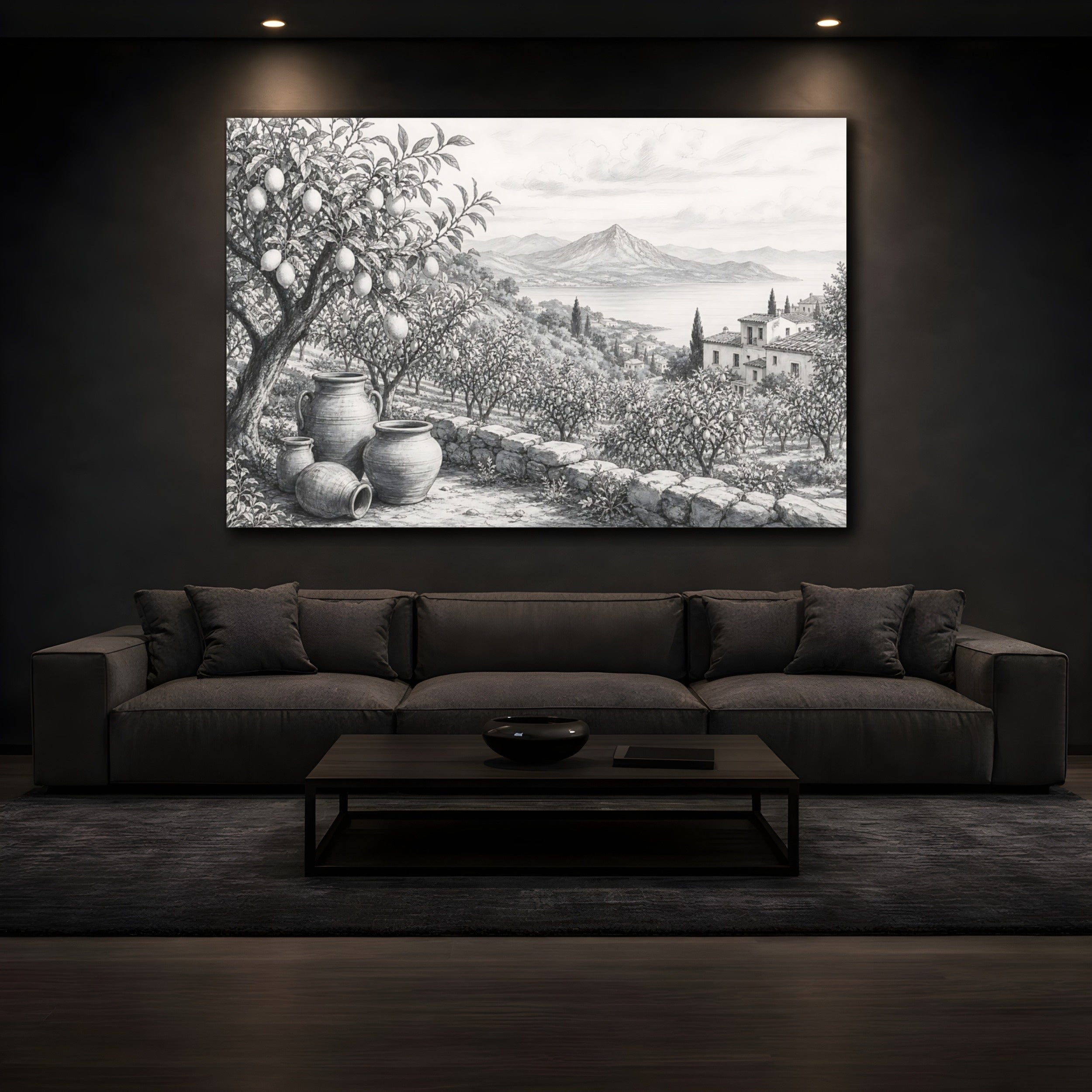 Mockup 3. Nature Lemon Grove Monochrome Landscape shown as stretched canvas wall art