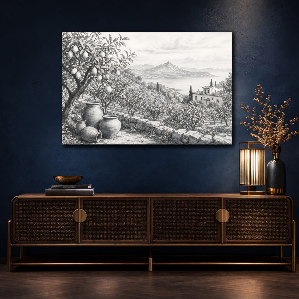 Mockup 4. Nature Lemon Grove Monochrome Landscape shown as stretched canvas wall art