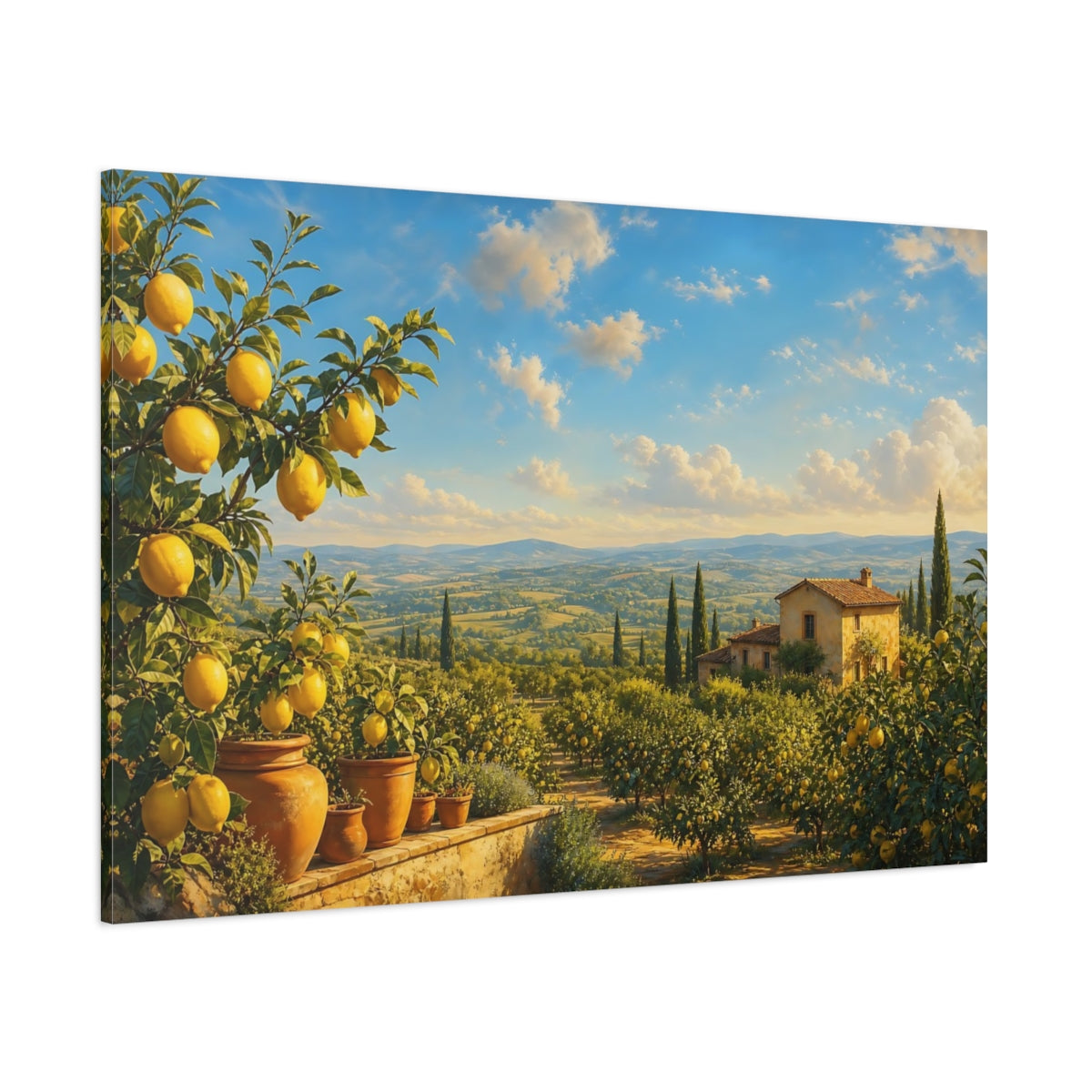 Side Mockup 1. Nature Lemon Trees Tuscan Lemon Grove shown as stretched canvas wall art