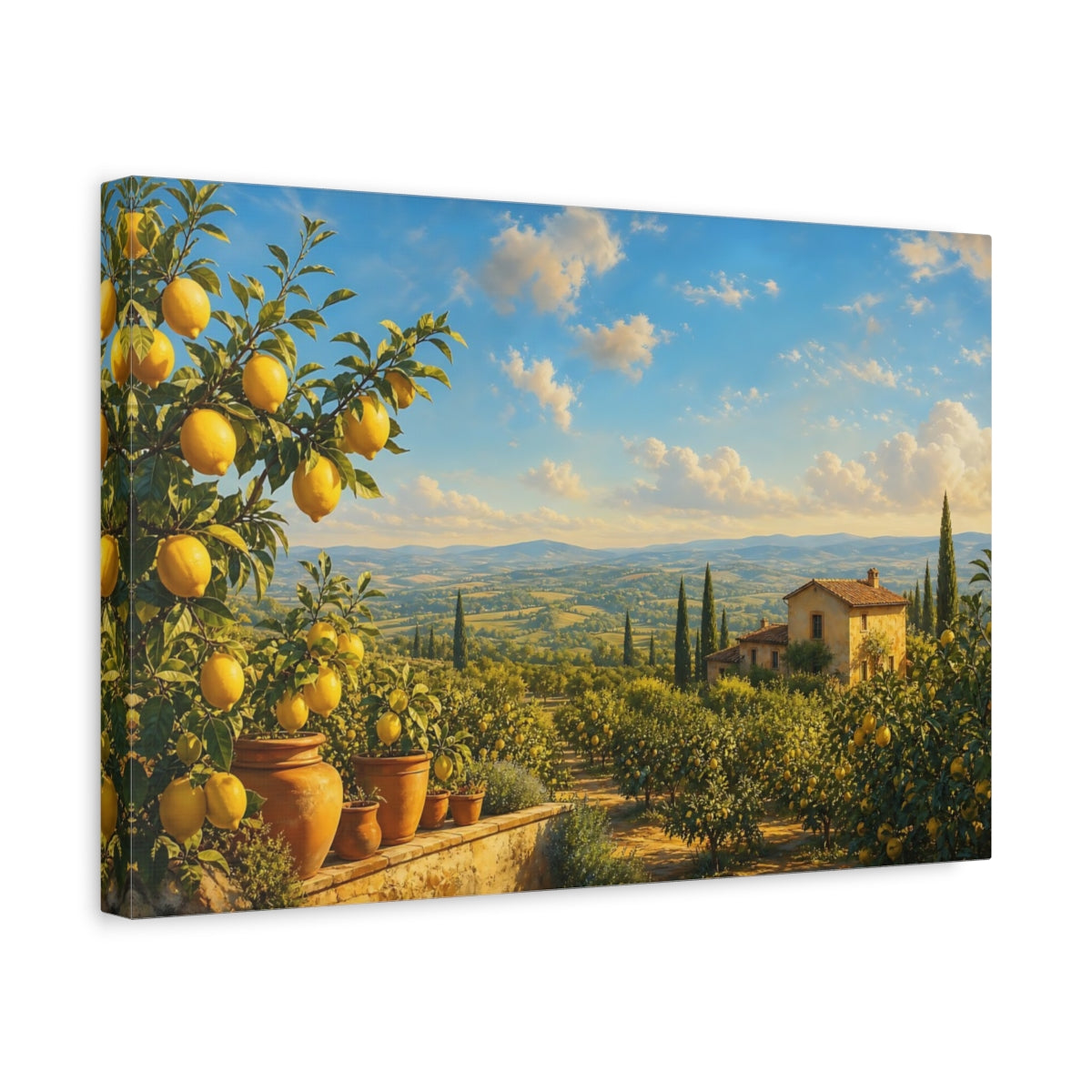 Side Mockup 4. Nature Lemon Trees Tuscan Lemon Grove shown as stretched canvas wall art
