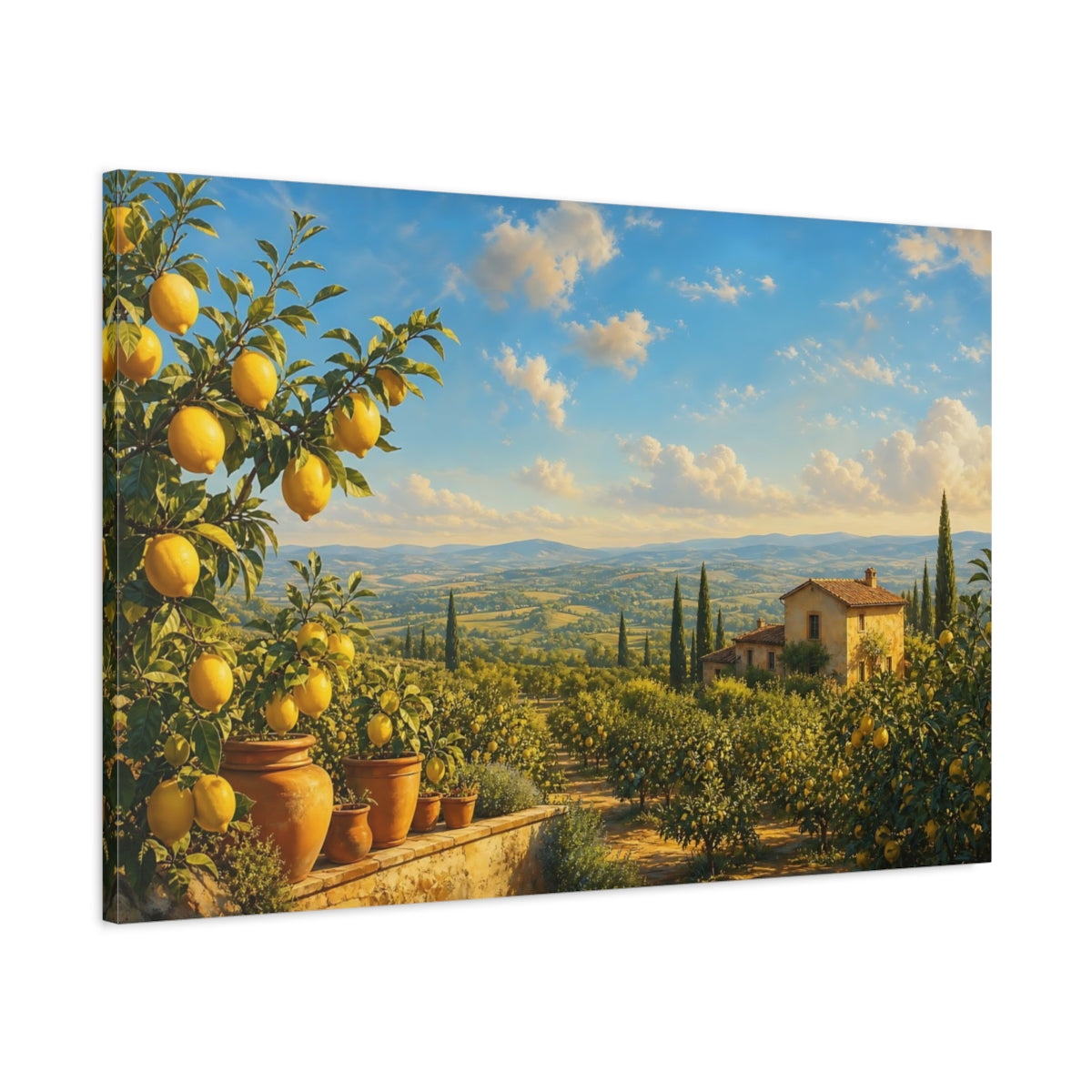 Main Mockup. Nature Lemon Trees Tuscan Lemon Grove shown as stretched canvas wall art