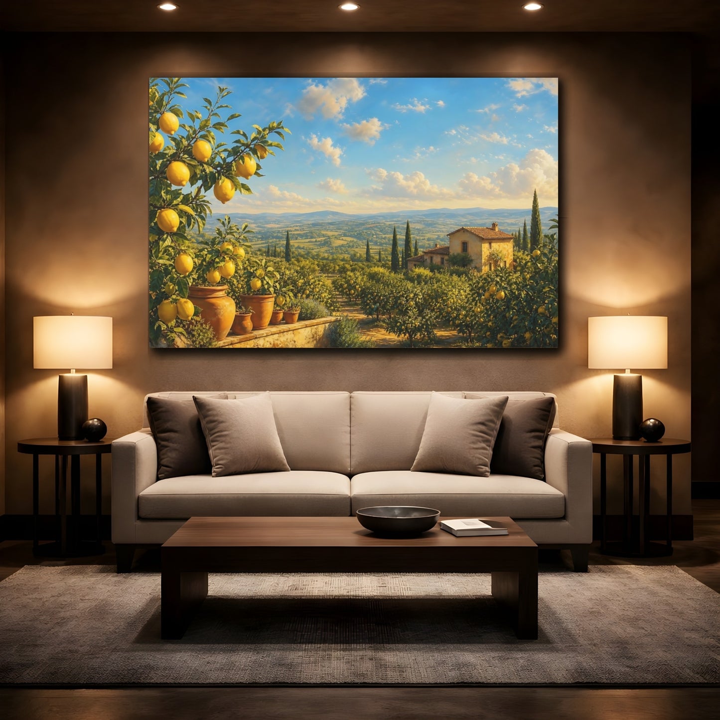 Mockup 2. Nature Lemon Trees Tuscan Lemon Grove shown as stretched canvas wall art