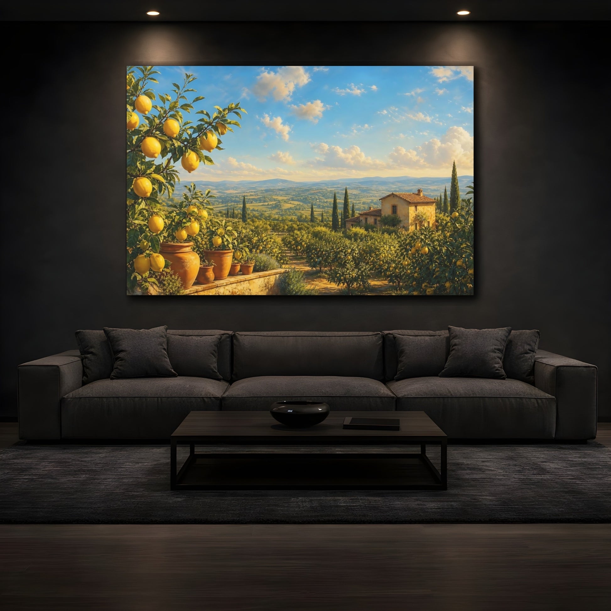 Mockup 3. Nature Lemon Trees Tuscan Lemon Grove shown as stretched canvas wall art