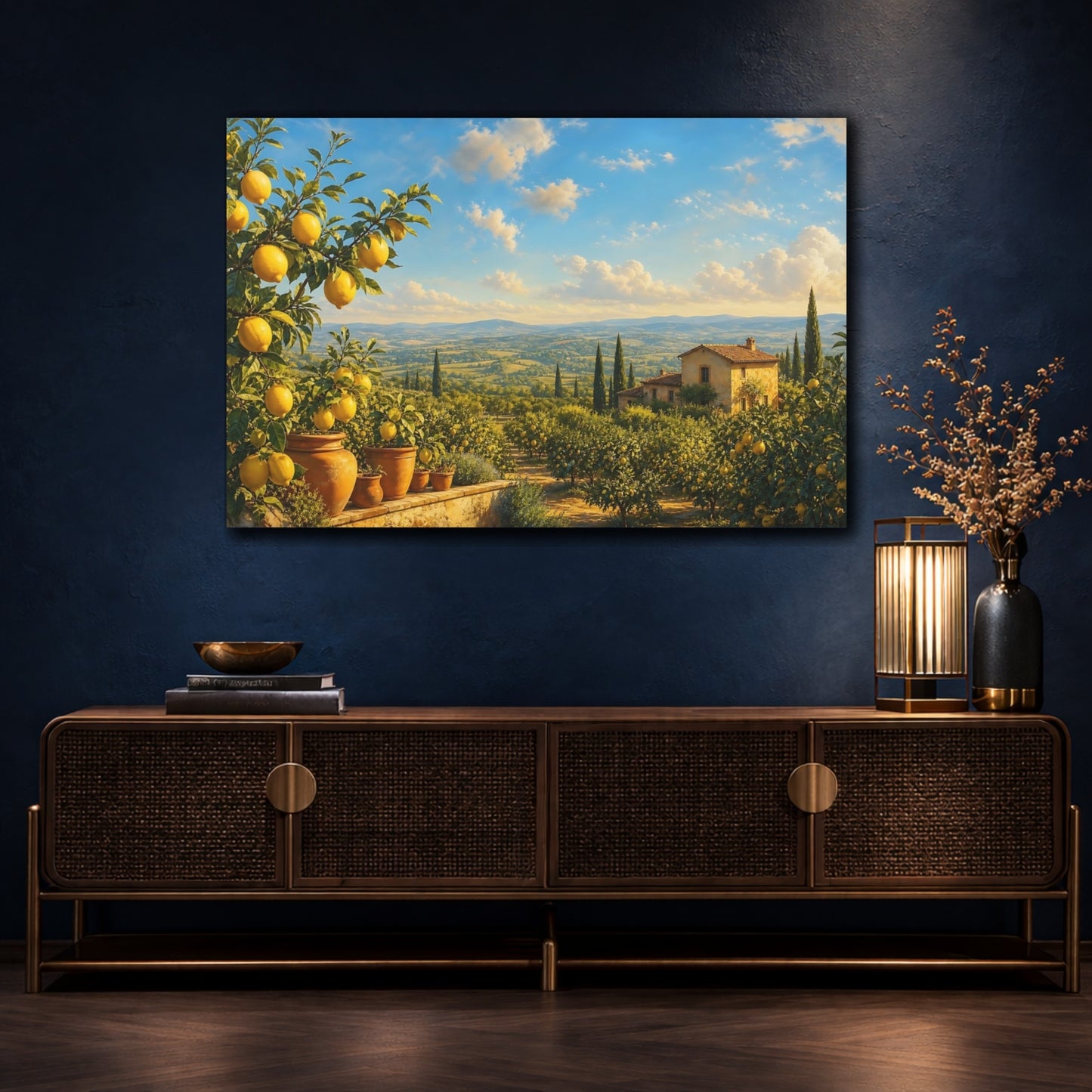 Mockup 4. Nature Lemon Trees Tuscan Lemon Grove shown as stretched canvas wall art